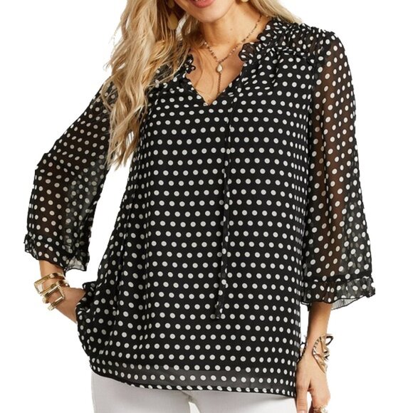 Suzanne Betro 4X BLACK White Polka Dot Ruffle Neck 3/4 Sleeve Top Tunic Blouse - Picture 14 of 14